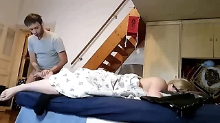 Horny stepson cumming on his Mothers feet secretly in front "hidden" cam (She know everything)